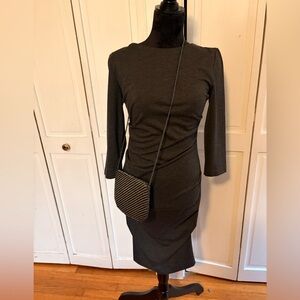Nicole Miller Studio Charcoal Gray Ruched Sheath Dress 3/4 Sleeve